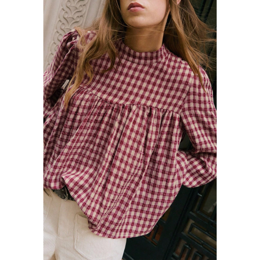 Coral Country Plaid Long Sleeve Button Keyhole Pleated Loose Blouse Coral / S / 65% Polyester + 35% Viscose Tops/Blouses & Shirts