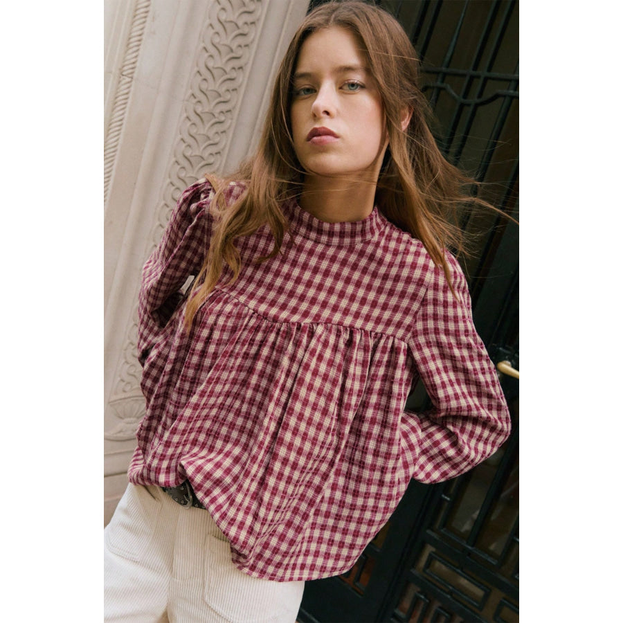 Coral Country Plaid Long Sleeve Button Keyhole Pleated Loose Blouse Tops/Blouses & Shirts