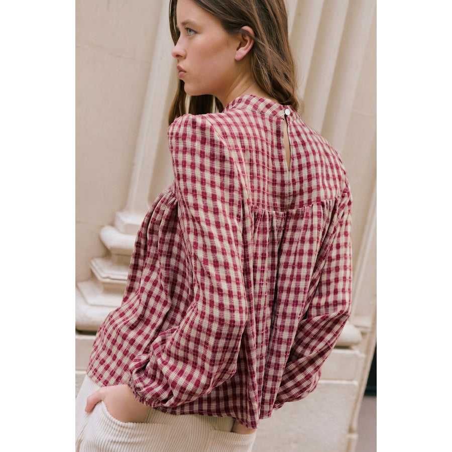 Coral Country Plaid Long Sleeve Button Keyhole Pleated Loose Blouse Coral / S / 65% Polyester + 35% Viscose Tops/Blouses & Shirts