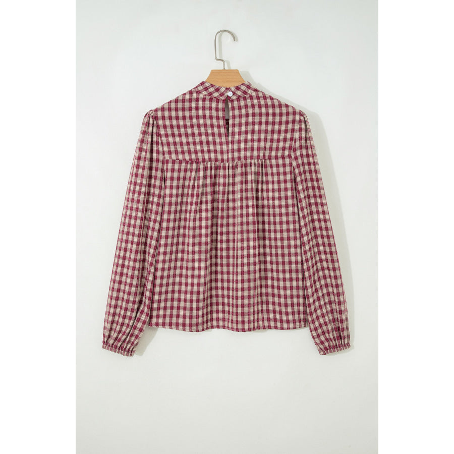 Coral Country Plaid Long Sleeve Button Keyhole Pleated Loose Blouse Tops/Blouses & Shirts