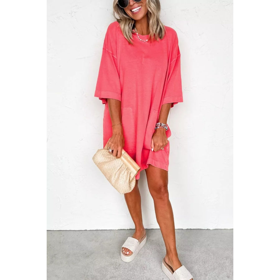 Coral Paradise Drop Shoulder Loose Casual T Shirt Mini Dress Apparel and Accessories