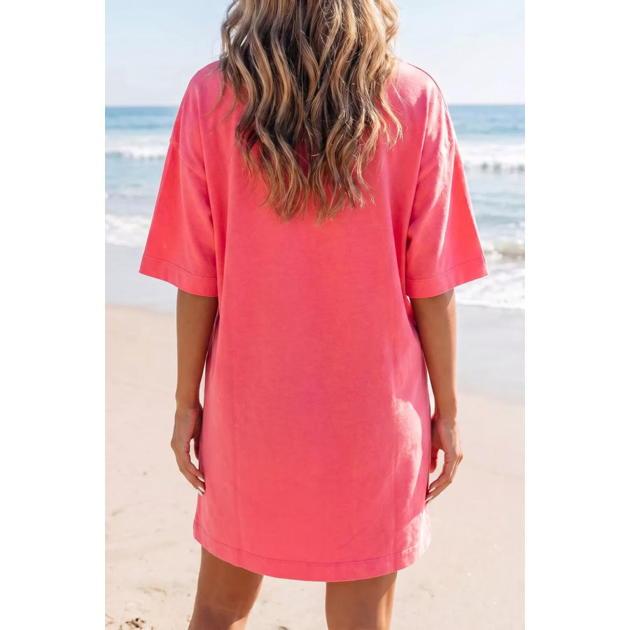 Coral Paradise Drop Shoulder Loose Casual T Shirt Mini Dress Apparel and Accessories