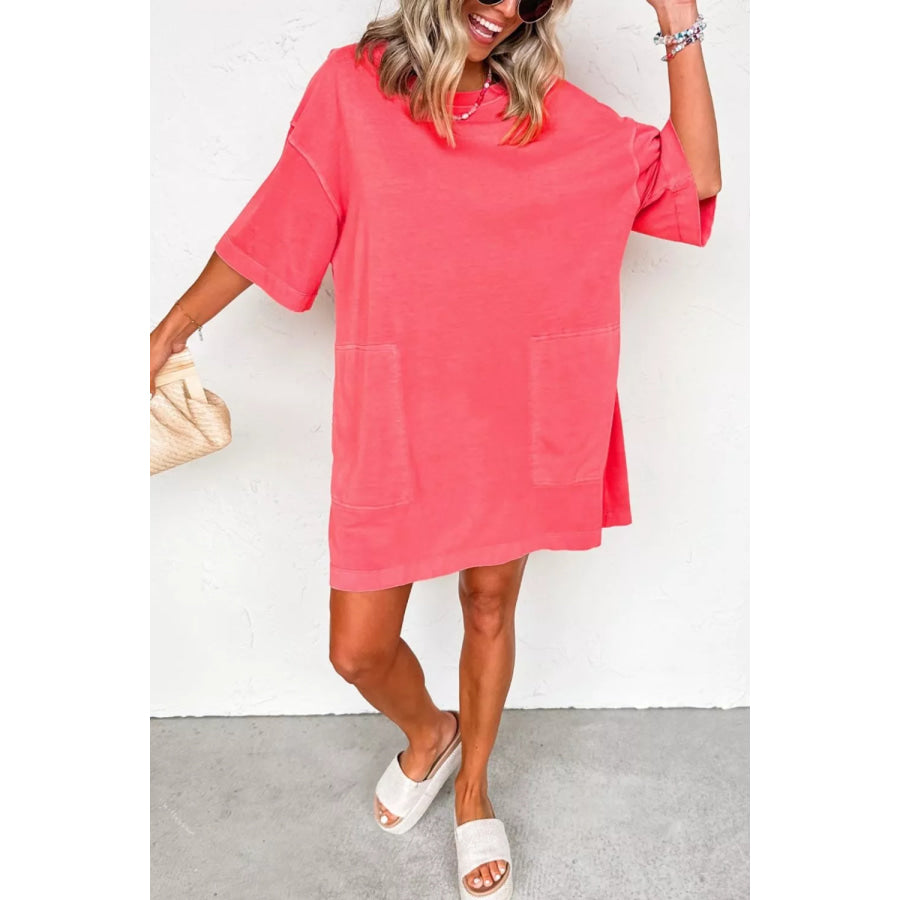 Coral Paradise Drop Shoulder Loose Casual T Shirt Mini Dress Apparel and Accessories