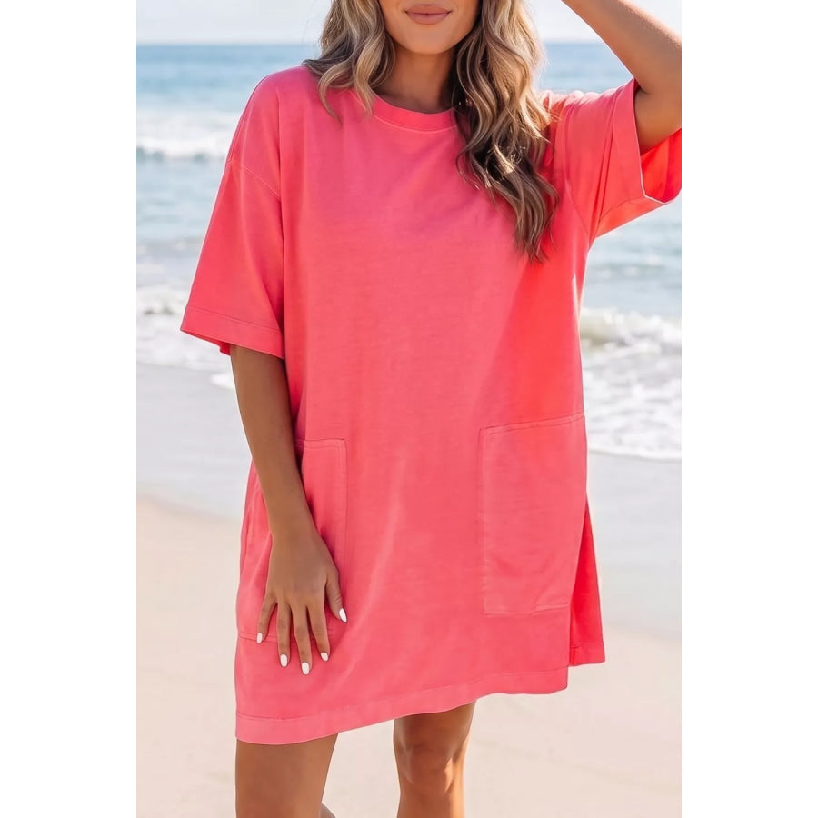 Coral Paradise Drop Shoulder Loose Casual T Shirt Mini Dress Apparel and Accessories