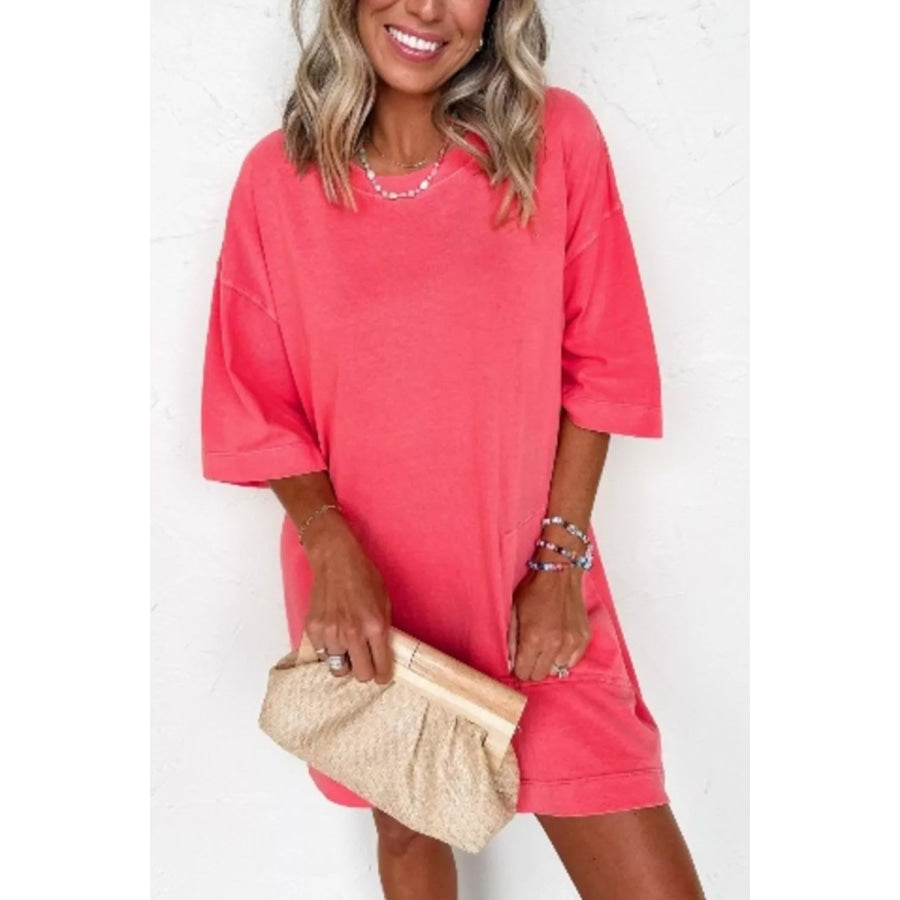 Coral Paradise Drop Shoulder Loose Casual T Shirt Mini Dress Strawberry / S Apparel and Accessories
