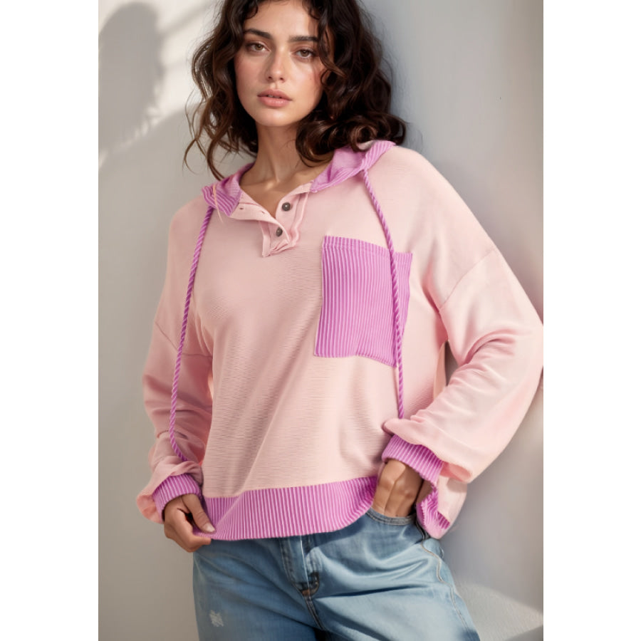 Corded Color Block Drawstring Hoodie Pink / S Apparel and Accessories