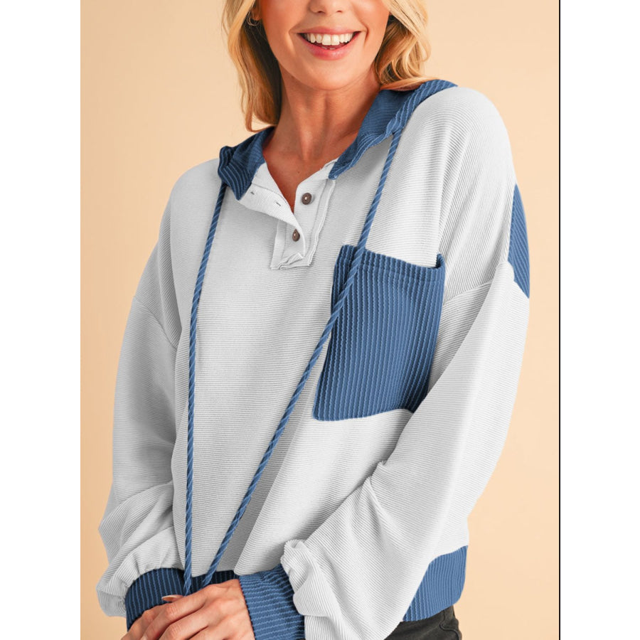 Corded Color Block Drawstring Hoodie Blue / S Apparel and Accessories