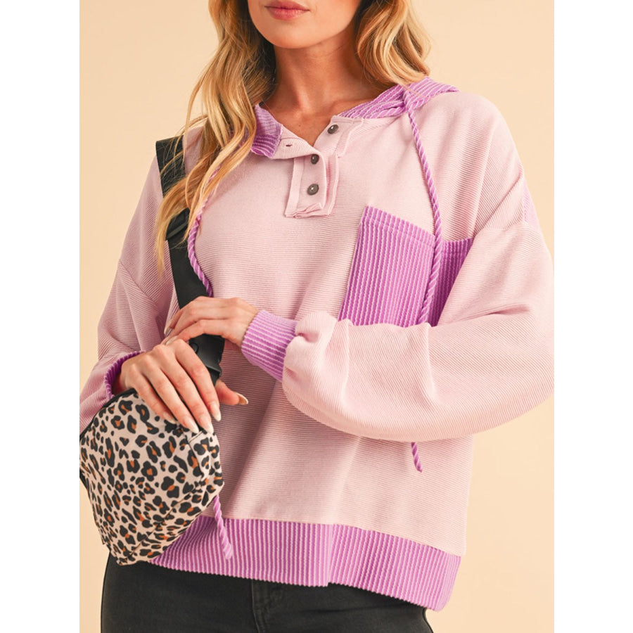 Corded Color Block Drawstring Hoodie Pink / S Apparel and Accessories