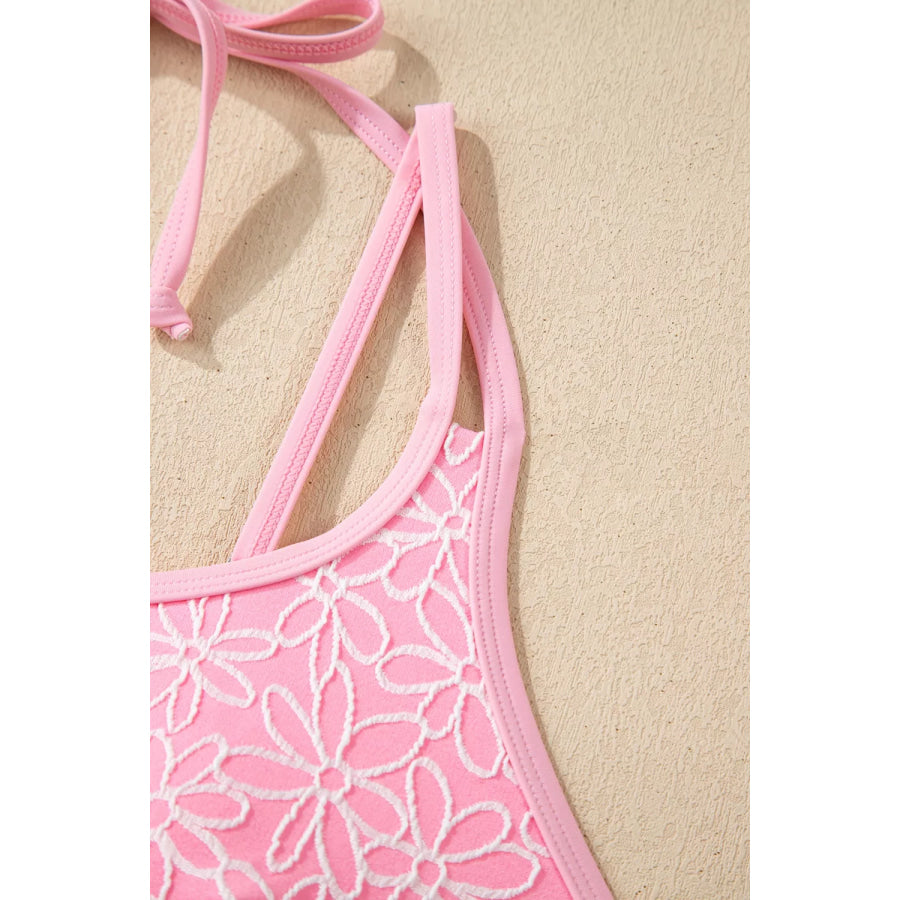 Corded Flower Texture Spaghetti Straps Halter Neck One Piece Swimsuit Apparel and Accessories
