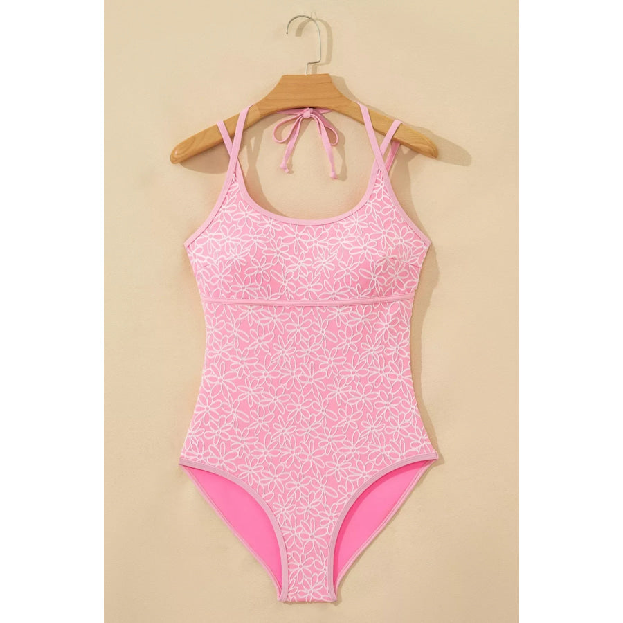 Corded Flower Texture Spaghetti Straps Halter Neck One Piece Swimsuit Apparel and Accessories