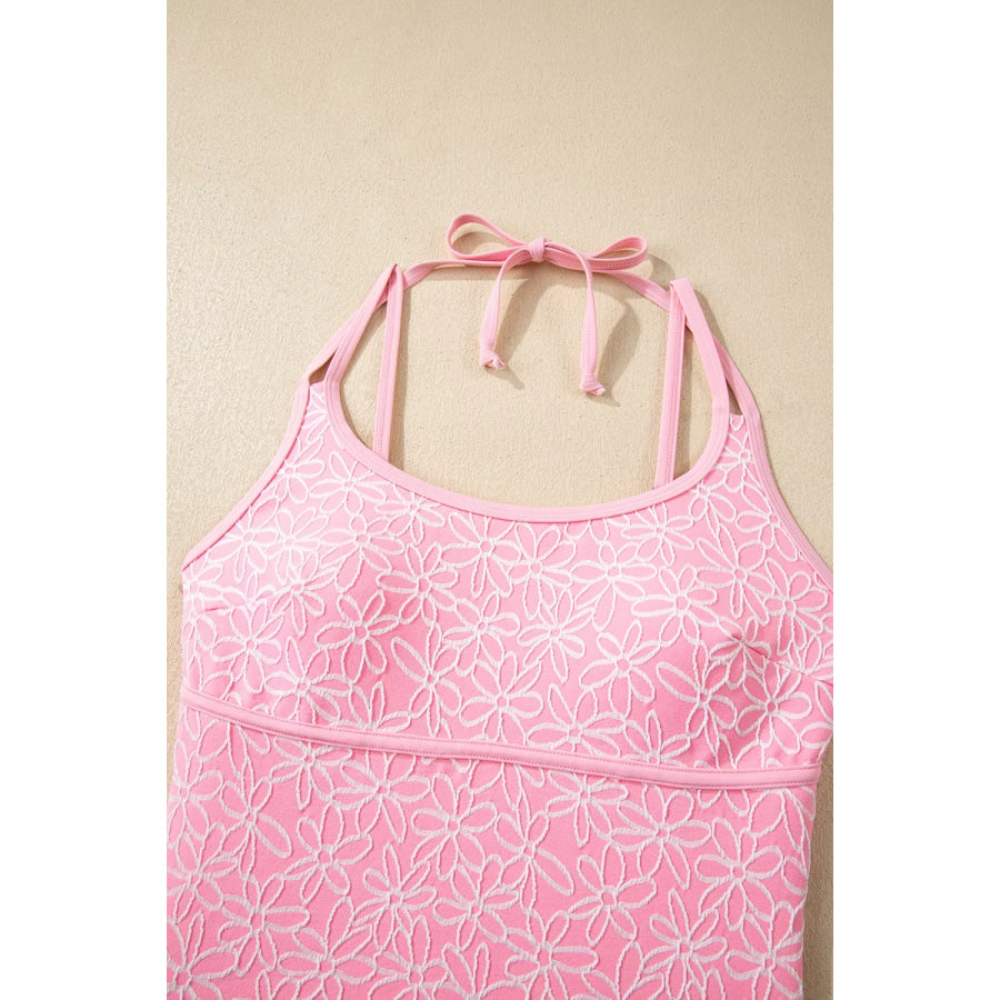 Corded Flower Texture Spaghetti Straps Halter Neck One Piece Swimsuit Apparel and Accessories