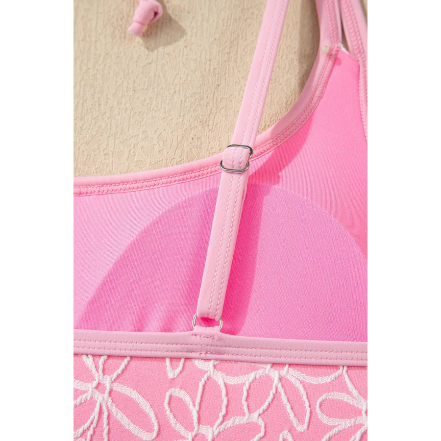 Corded Flower Texture Spaghetti Straps Halter Neck One Piece Swimsuit Apparel and Accessories