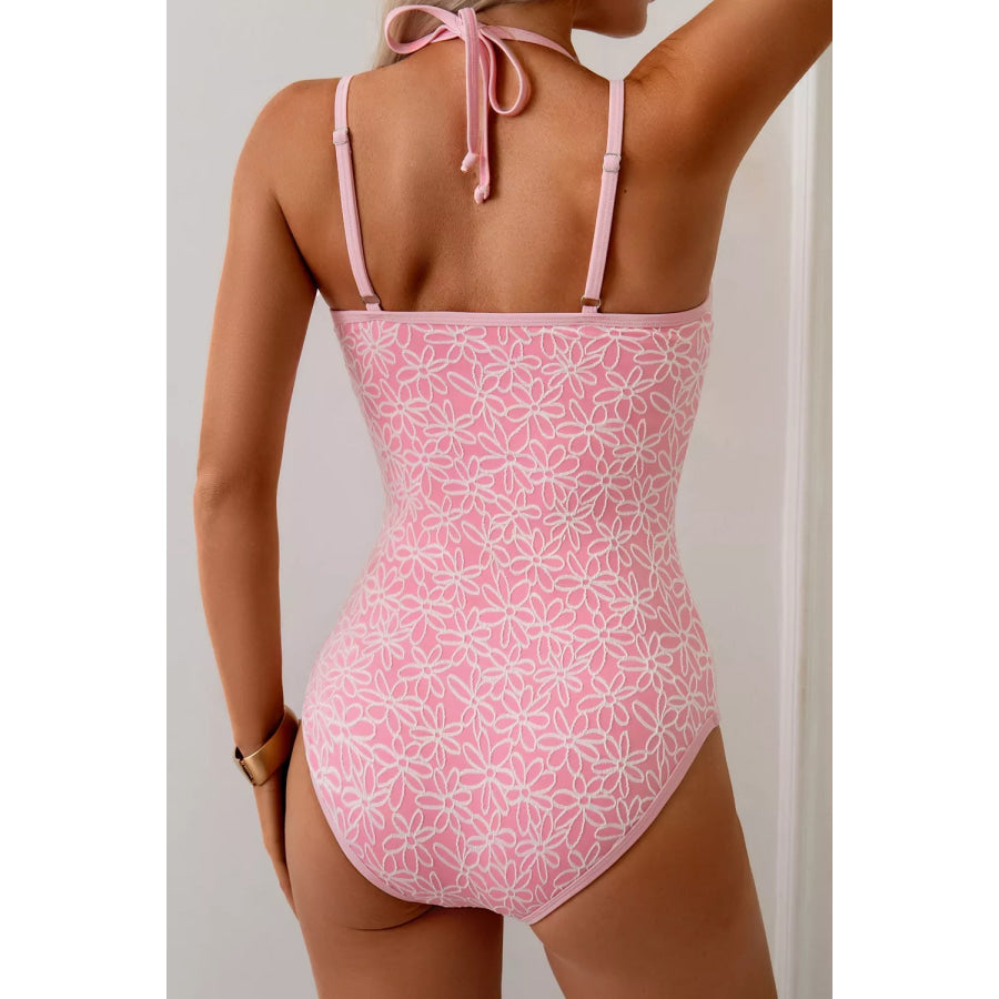 Corded Flower Texture Spaghetti Straps Halter Neck One Piece Swimsuit Apparel and Accessories