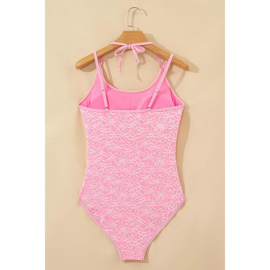 Corded Flower Texture Spaghetti Straps Halter Neck One Piece Swimsuit Apparel and Accessories