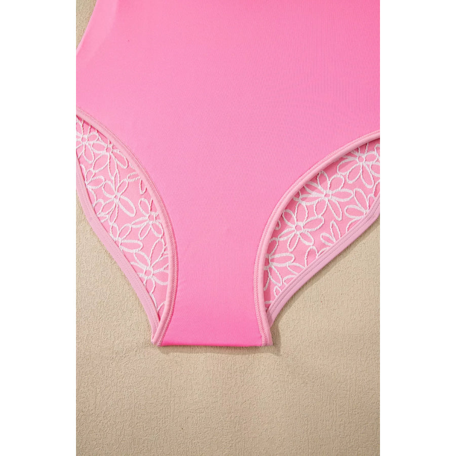 Corded Flower Texture Spaghetti Straps Halter Neck One Piece Swimsuit Apparel and Accessories