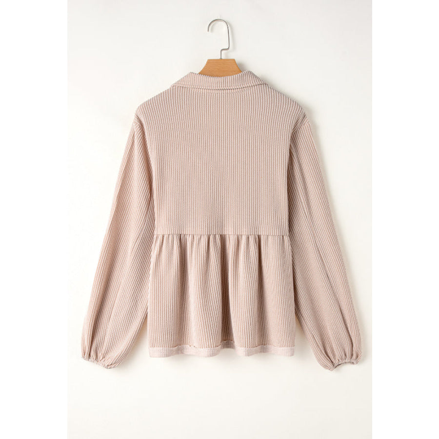 Corded Johnny Collar Long Sleeve Babydoll Blouse Apparel and Accessories