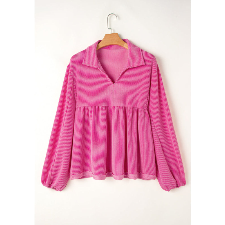 Corded Johnny Collar Long Sleeve Babydoll Blouse Apparel and Accessories