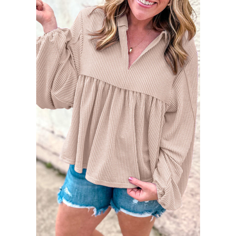 Corded Johnny Collar Long Sleeve Babydoll Blouse Apparel and Accessories