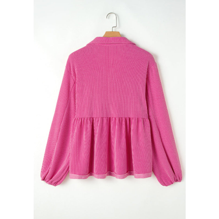 Corded Johnny Collar Long Sleeve Babydoll Blouse Apparel and Accessories