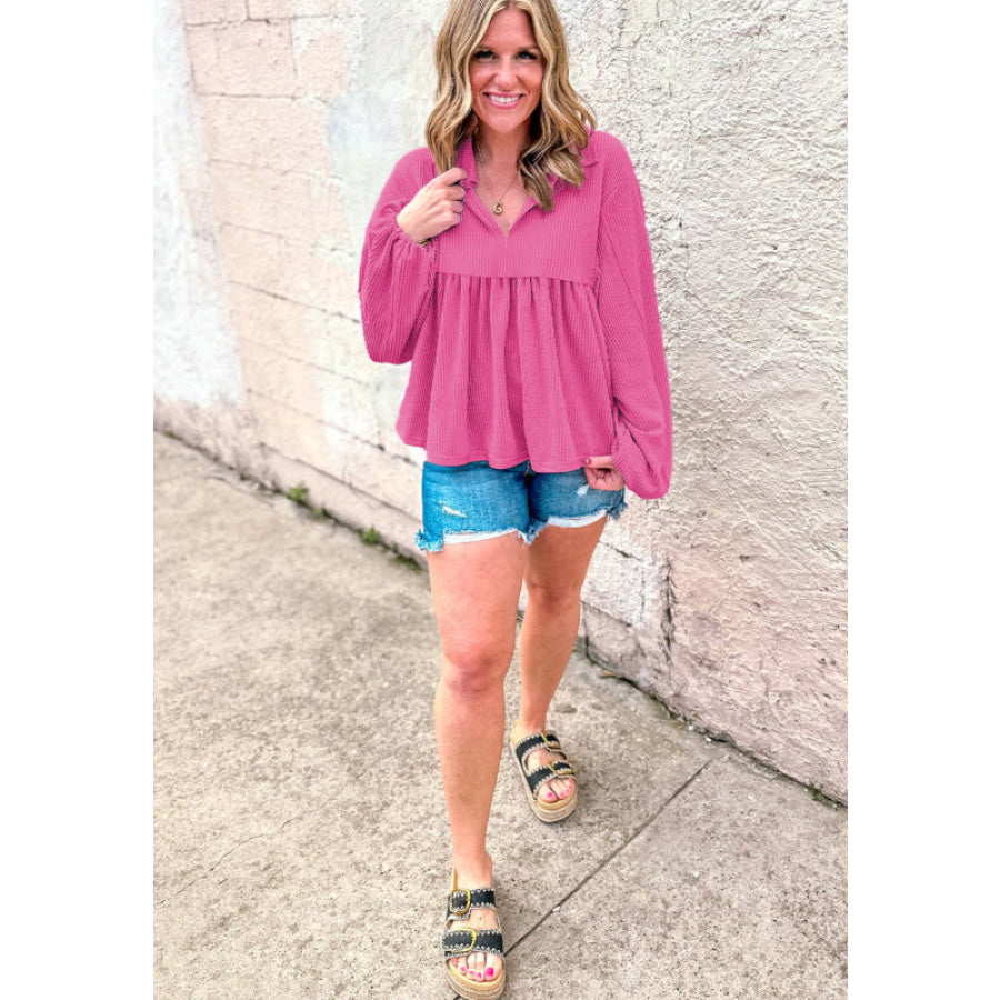 Corded Johnny Collar Long Sleeve Babydoll Blouse Apparel and Accessories