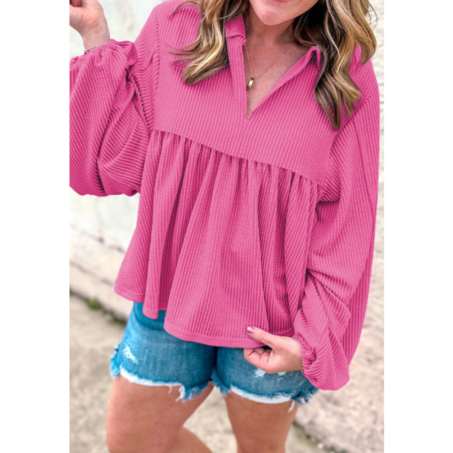 Corded Johnny Collar Long Sleeve Babydoll Blouse Apparel and Accessories