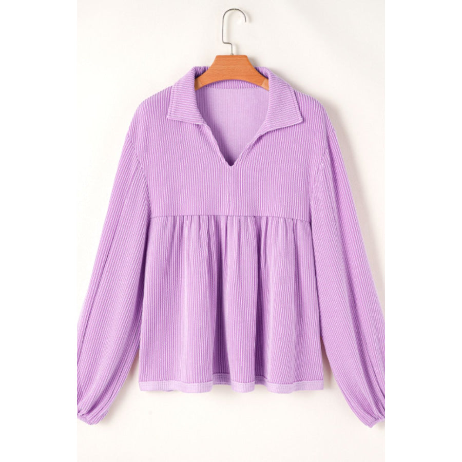 Corded Johnny Collar Long Sleeve Babydoll Blouse Apparel and Accessories
