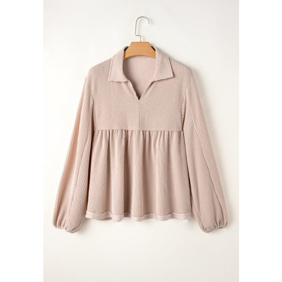 Corded Johnny Collar Long Sleeve Babydoll Blouse Apparel and Accessories