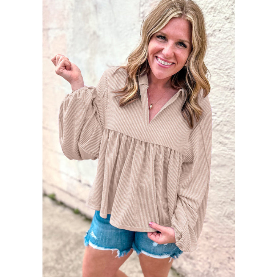 Corded Johnny Collar Long Sleeve Babydoll Blouse Apparel and Accessories