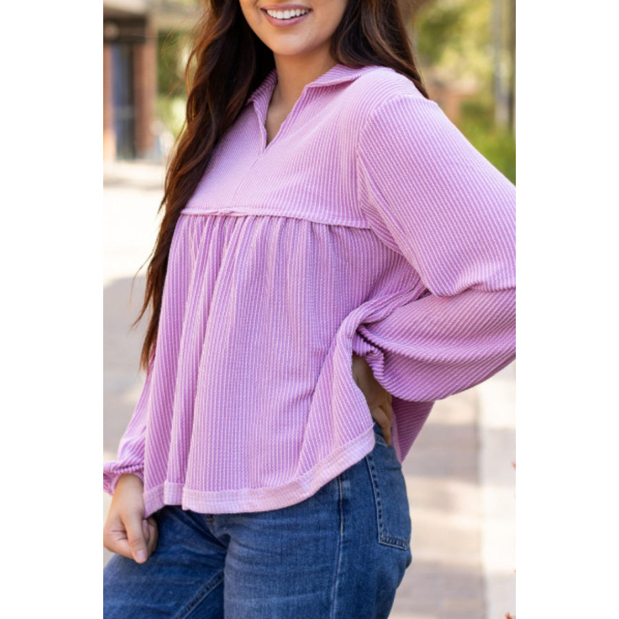 Corded Johnny Collar Long Sleeve Babydoll Blouse Lilac / S Apparel and Accessories