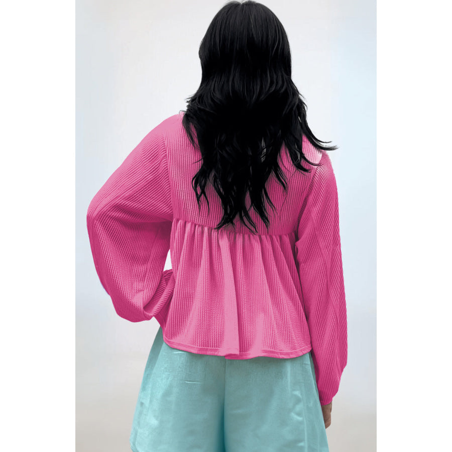 Corded Johnny Collar Long Sleeve Babydoll Blouse Apparel and Accessories