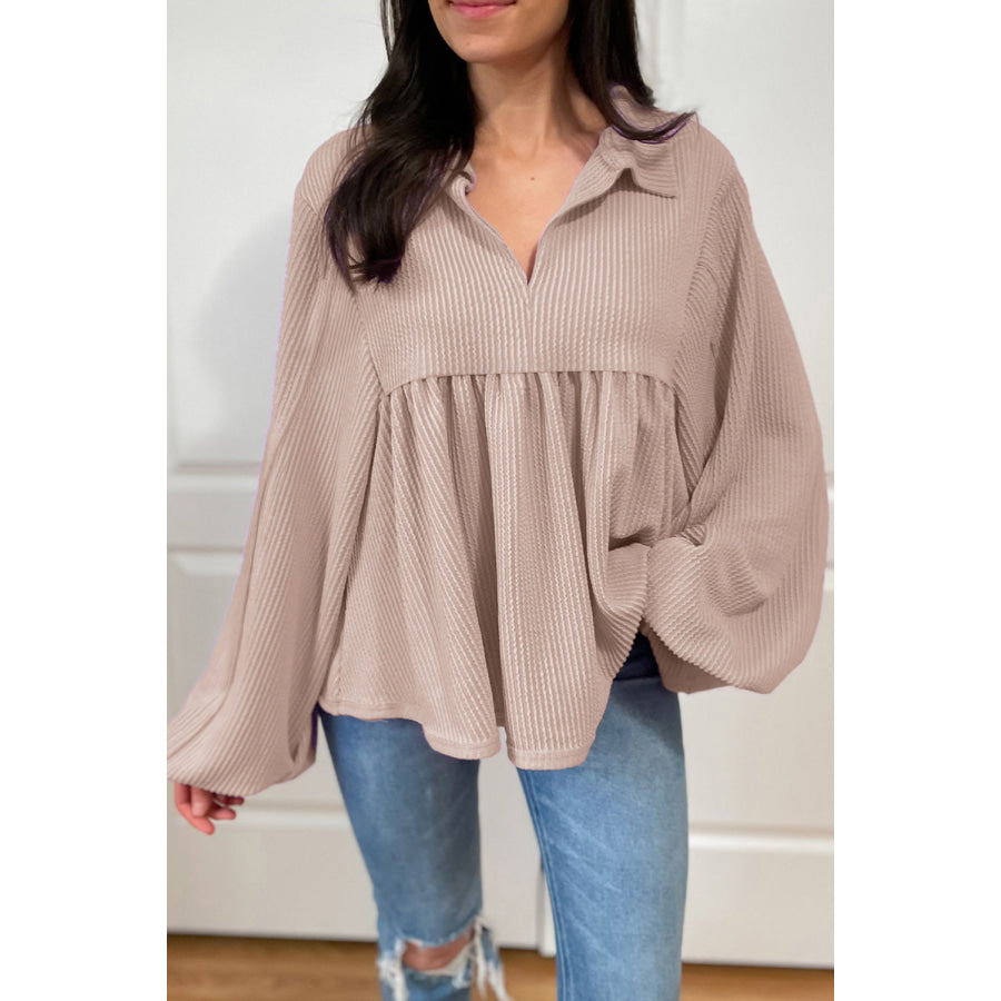 Corded Johnny Collar Long Sleeve Babydoll Blouse Beige / S Apparel and Accessories