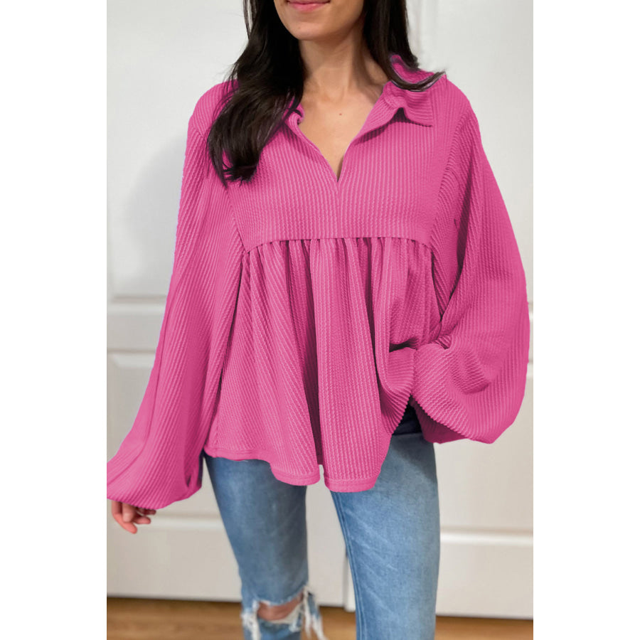 Corded Johnny Collar Long Sleeve Babydoll Blouse Hot Pink / S Apparel and Accessories