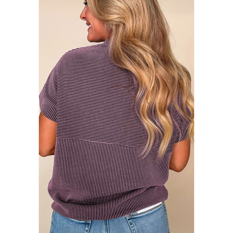 Corded Knit Mock Neck Short Sleeve T Shirt Apparel and Accessories