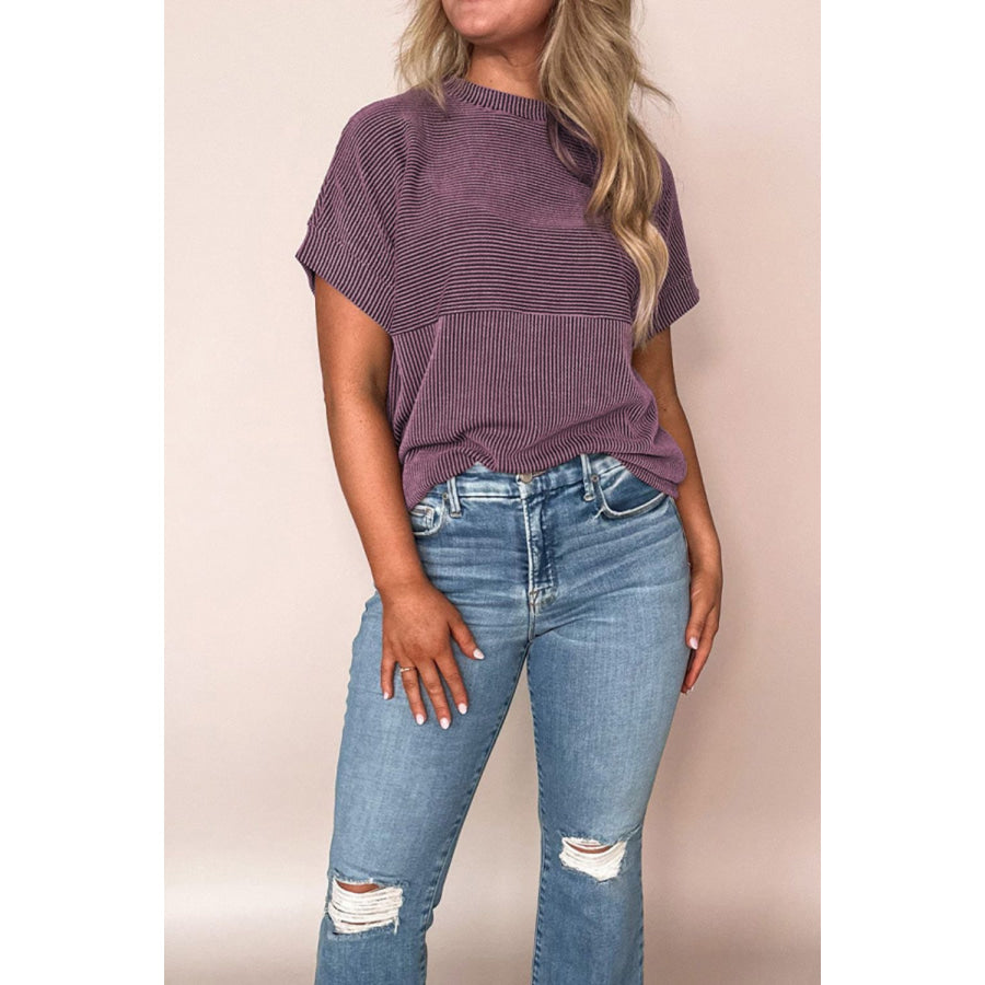 Corded Knit Mock Neck Short Sleeve T Shirt Apparel and Accessories