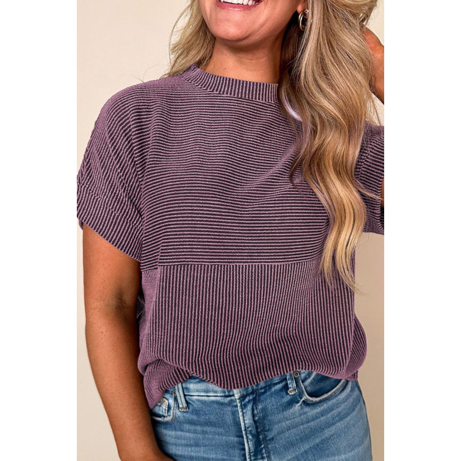 Corded Knit Mock Neck Short Sleeve T Shirt Mauve / S Apparel and Accessories