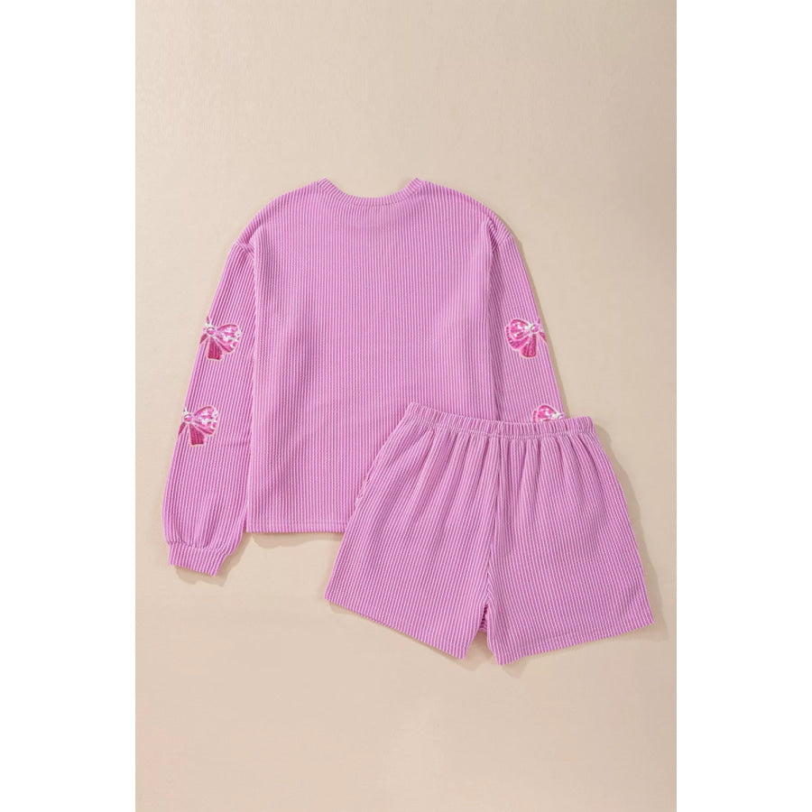 Corded Rib Sequin Bow Patched Long Sleeve Top and Shorts 2pcs Set Apparel and Accessories