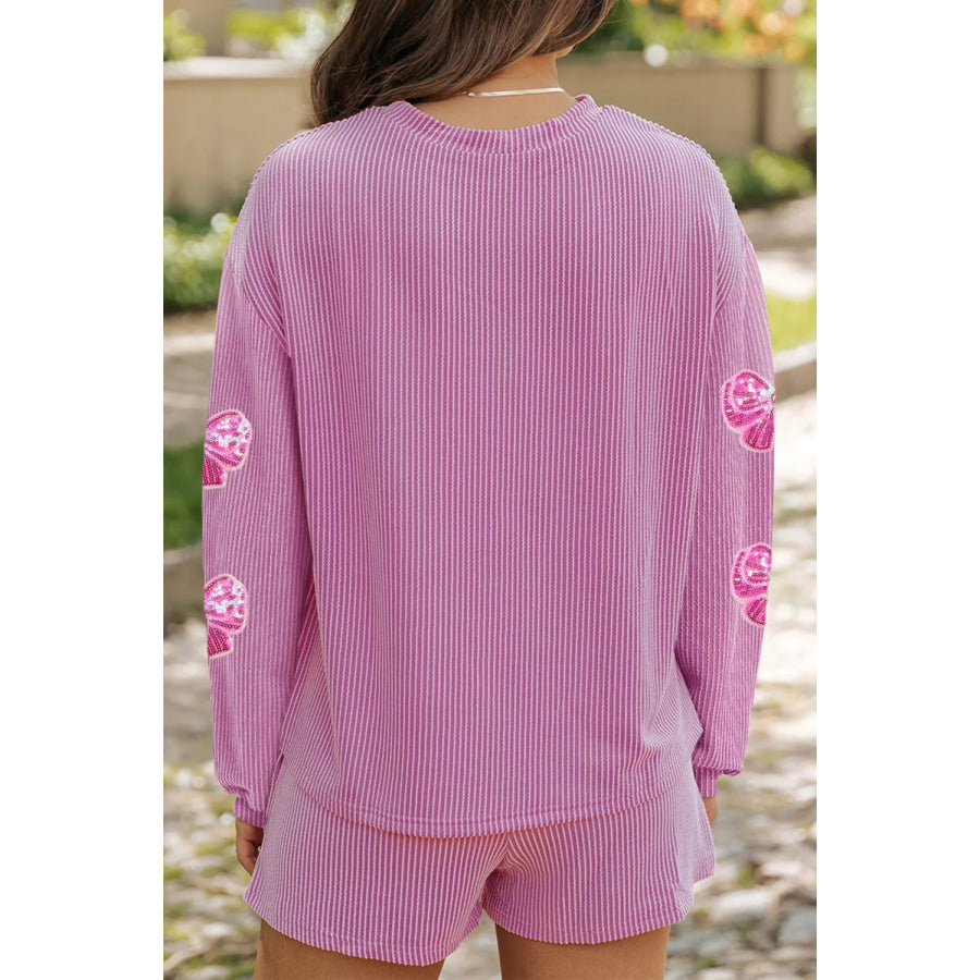Corded Rib Sequin Bow Patched Long Sleeve Top and Shorts 2pcs Set Apparel and Accessories