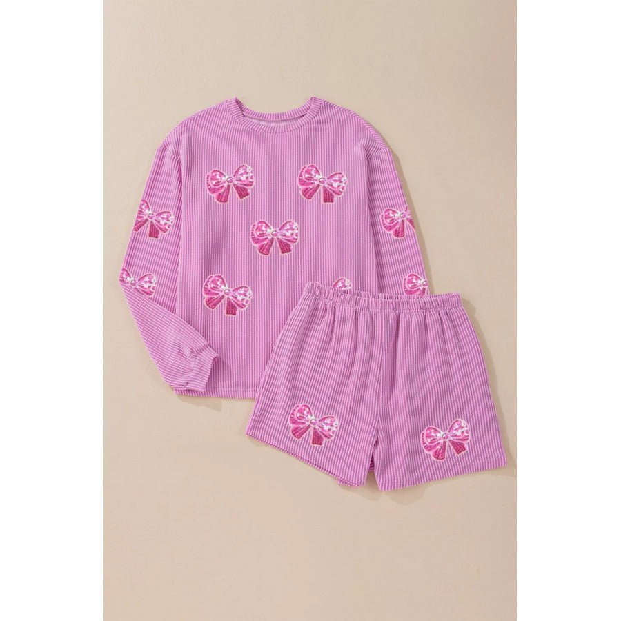 Corded Rib Sequin Bow Patched Long Sleeve Top and Shorts 2pcs Set Apparel and Accessories
