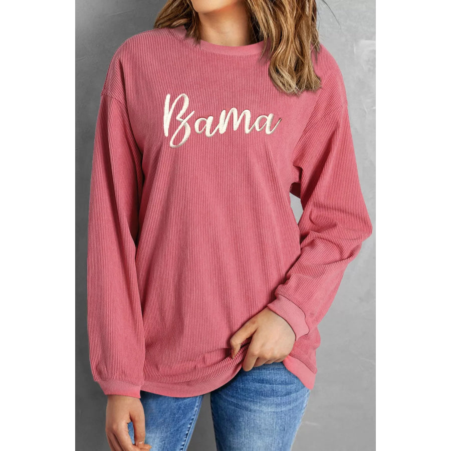 Corded Ribbed Bama Embroidered Letter Graphic Sweatshirt Apparel and Accessories