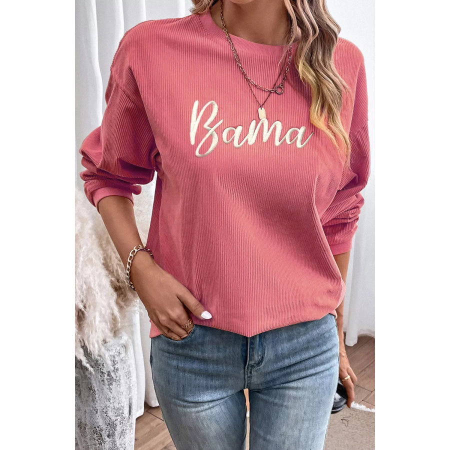 Corded Ribbed Bama Embroidered Letter Graphic Sweatshirt Apparel and Accessories