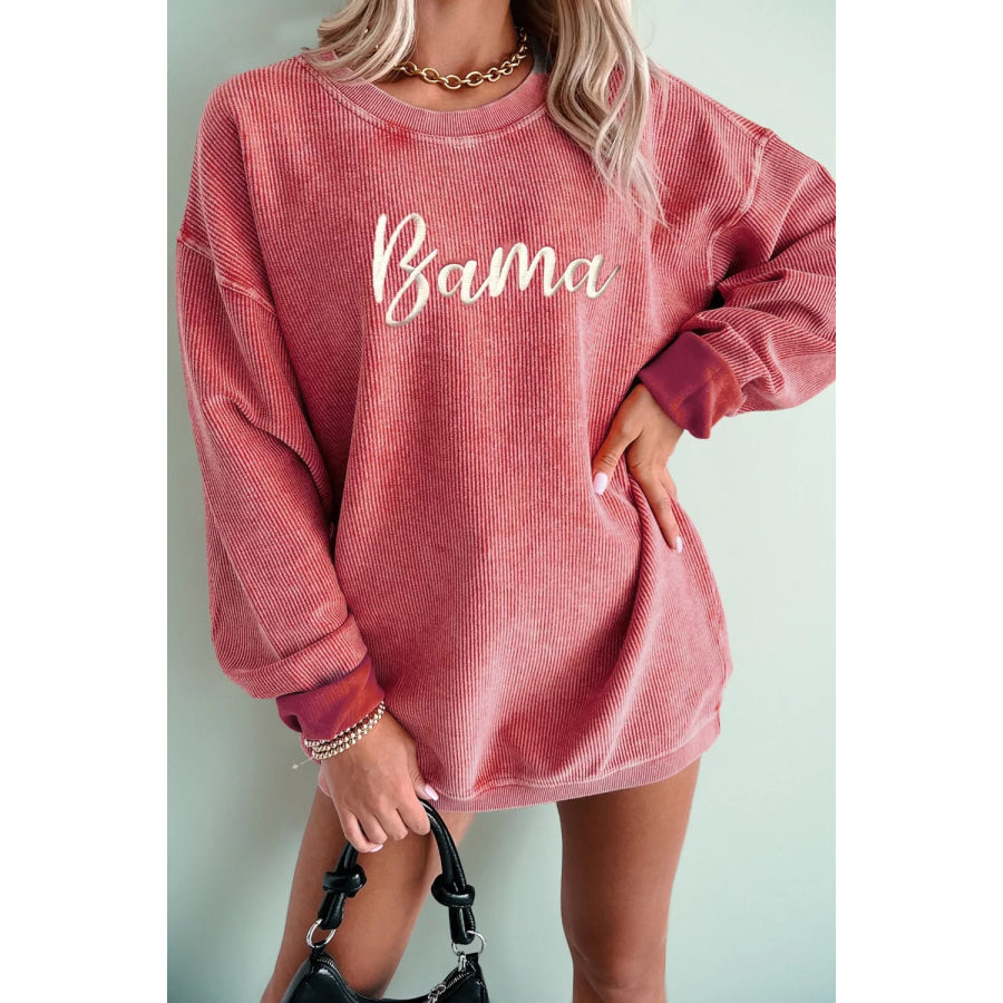 Corded Ribbed Bama Embroidered Letter Graphic Sweatshirt Dusty Pink / S Apparel and Accessories