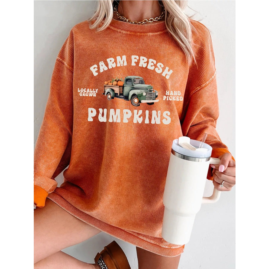 Corded Ribbed Farm Fresh Pumpkins Graphic Sweatshirt Tangerine / S Apparel and Accessories