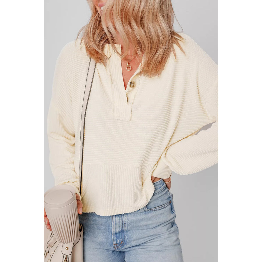 Corded Texture Lantern Sleeve Buttons Henley Sweatsuit Apparel and Accessories