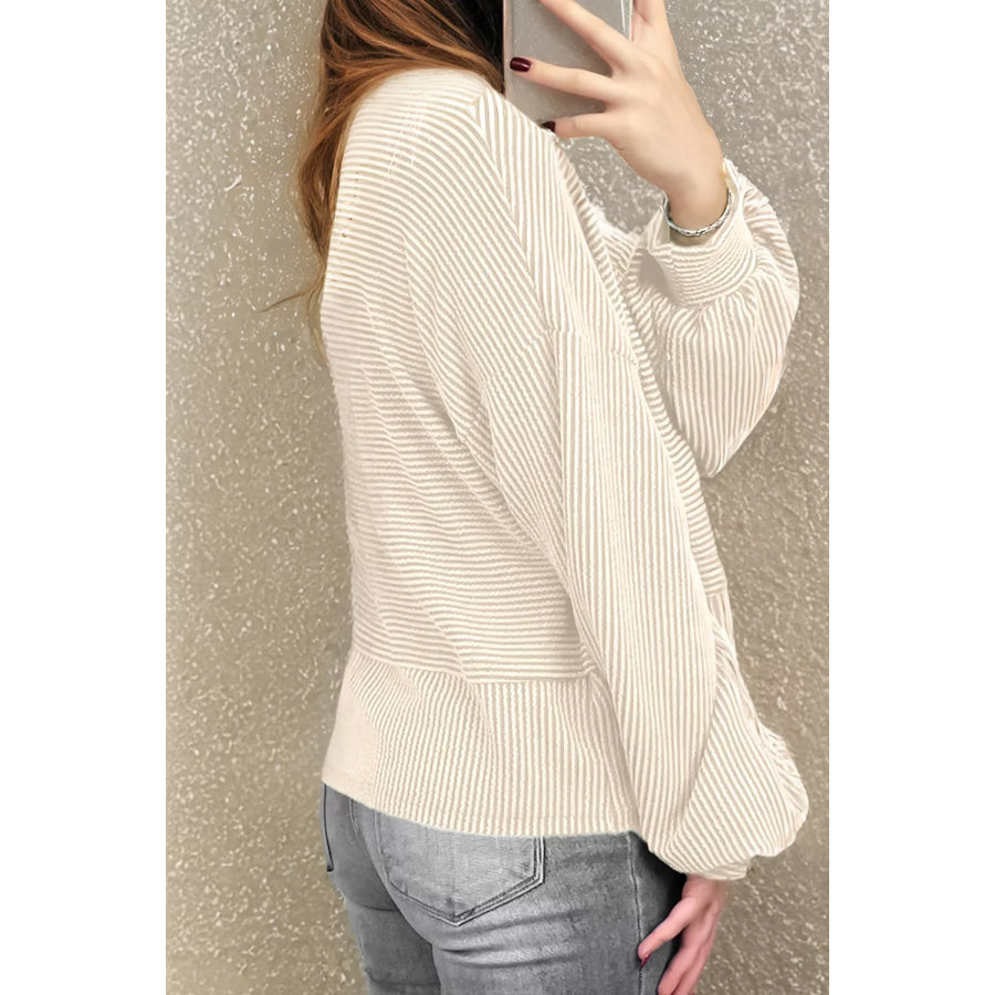 Corded Texture Lantern Sleeve Buttons Henley Sweatsuit Apparel and Accessories