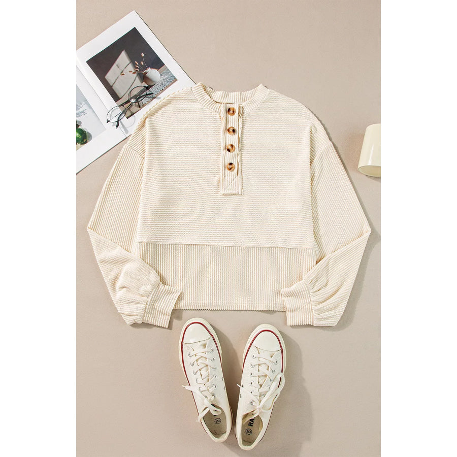 Corded Texture Lantern Sleeve Buttons Henley Sweatsuit Apparel and Accessories