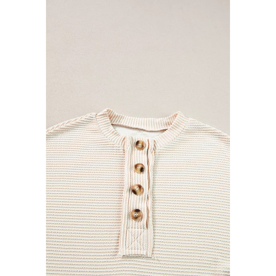 Corded Texture Lantern Sleeve Buttons Henley Sweatsuit Apparel and Accessories