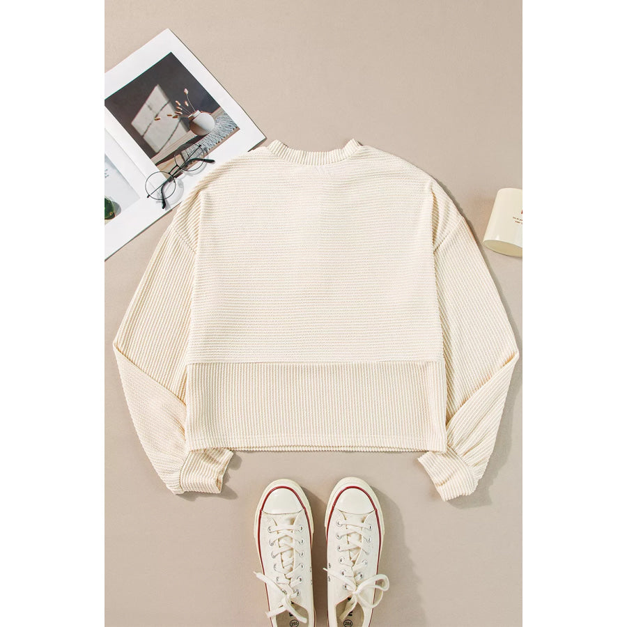 Corded Texture Lantern Sleeve Buttons Henley Sweatsuit Apparel and Accessories