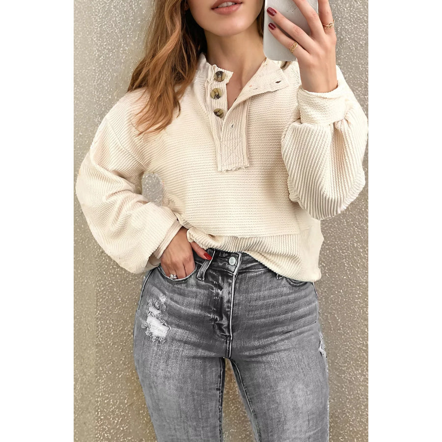 Corded Texture Lantern Sleeve Buttons Henley Sweatsuit Apparel and Accessories
