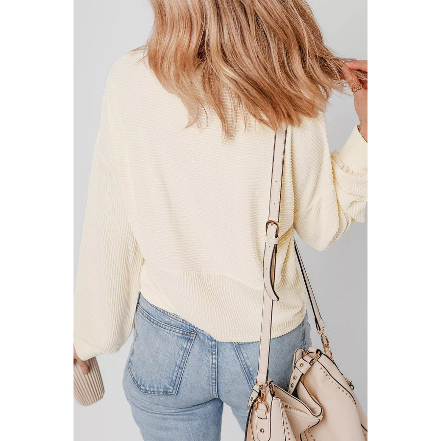 Corded Texture Lantern Sleeve Buttons Henley Sweatsuit Apparel and Accessories