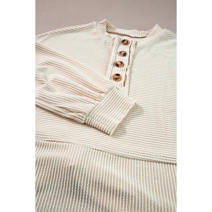 Corded Texture Lantern Sleeve Buttons Henley Sweatsuit Apparel and Accessories